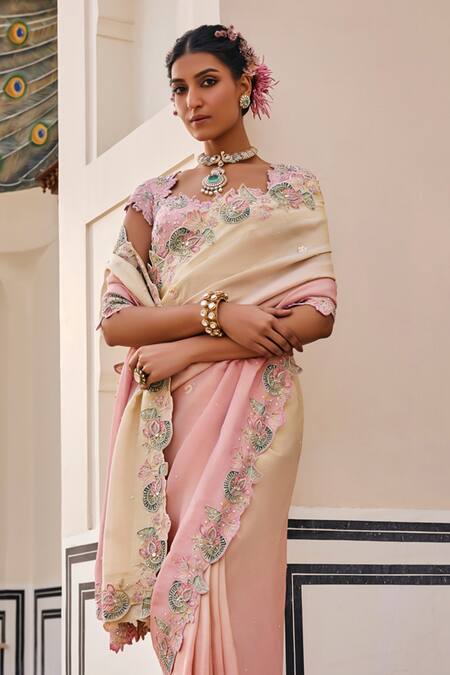 Nea By Nikita Tiwari_Pink Tissue Embroidery, Sequins Sweetheart Neck Metallic Blush Saree Set _Online_at_Aza_Fashions