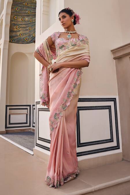 Buy_Nea By Nikita Tiwari_Pink Tissue Embroidery, Sequins Sweetheart Neck Metallic Blush Saree Set _Online_at_Aza_Fashions