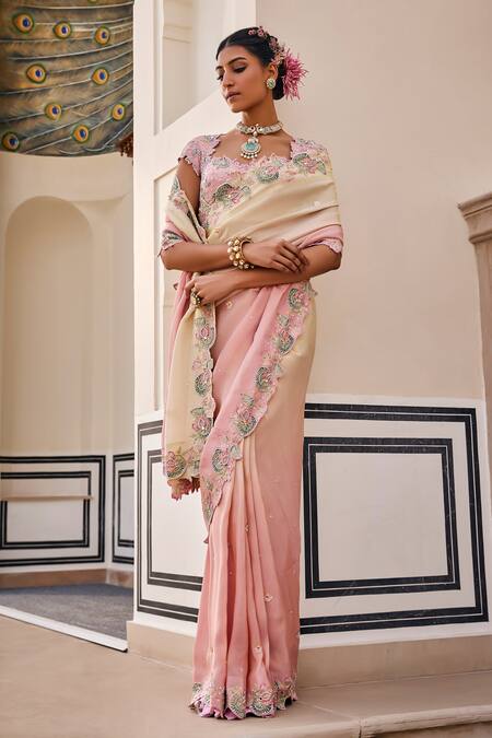 Shop_Nea By Nikita Tiwari_Pink Tissue Embroidery, Sequins Sweetheart Neck Metallic Blush Saree Set _Online_at_Aza_Fashions