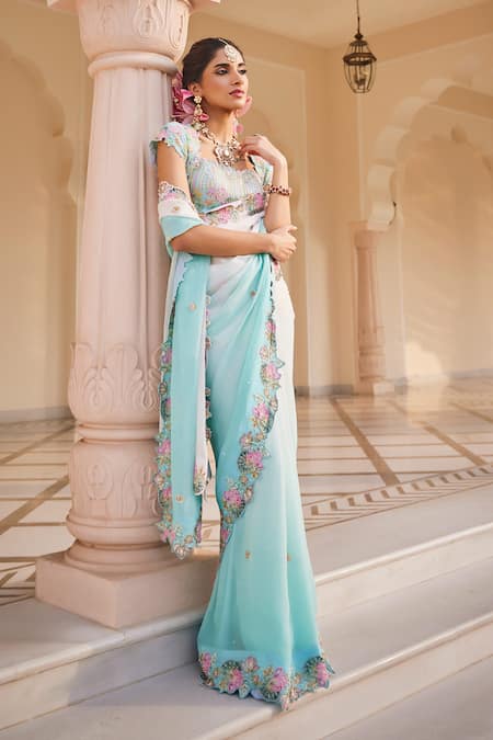 Nea By Nikita Tiwari Neeraja Metallic Sea Green Saree Set 