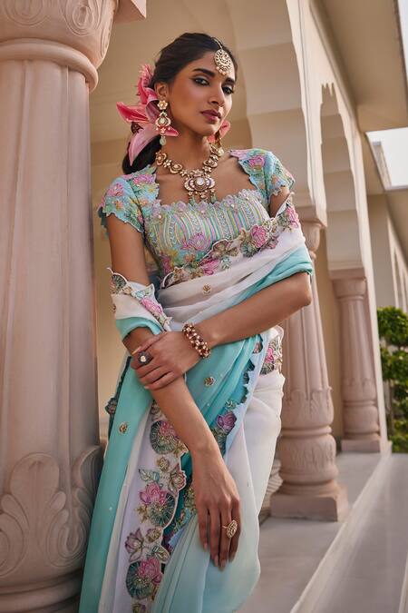 Nea By Nikita Tiwari Green Organza Embroidery Round Neck Neeraja Metallic Sea Saree Set Online at Aza Fashions Nea By Nikita Tiwari_Green Organza Embroidery Round Neck Neeraja Metallic Sea Saree Set _Online_at_Aza_Fashions