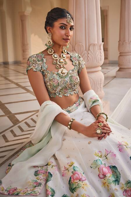 Nea By Nikita Tiwari Green Silk, Organza Sequins, Embroidery Square Neck Metallic Sea Lehenga Set Online at Aza Fashions Nea By Nikita Tiwari_Green Silk, Organza Sequins, Embroidery Square Neck Metallic Sea Lehenga Set _Online_at_Aza_Fashions