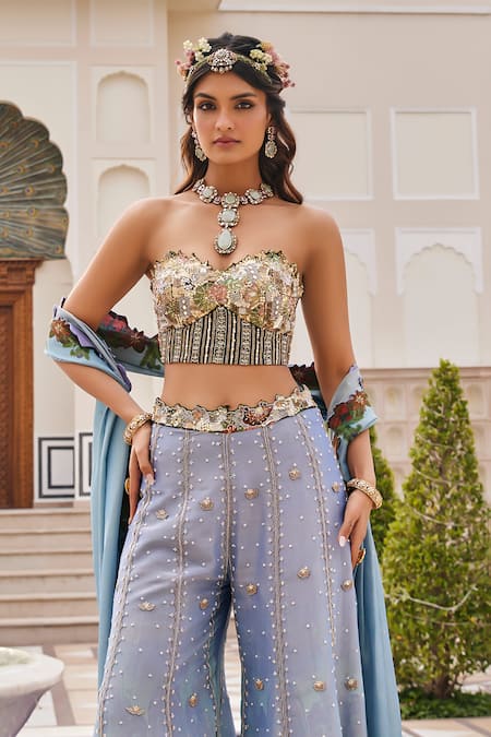 Buy Nea By Nikita Tiwari Blue Tissue Sequins Sweetheart Neck Designer Pant Set Online at Aza Fashions Buy_Nea By Nikita Tiwari_Blue Tissue Sequins Sweetheart Neck Designer Pant Set _Online_at_Aza_Fashions