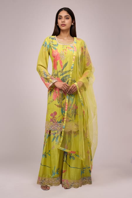 Samyukta Singhania Floral Embroidered Chinnon Silk Set 