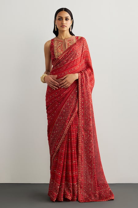 RI.Ritu Kumar Brocade Jamawar Red Saree Set 