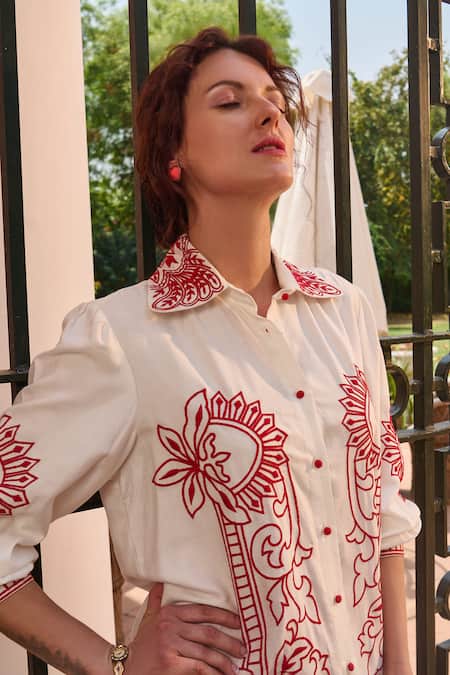 Nika 1.0_White Cotton Embroidery Collared Red And Shirt _Online_at_Aza_Fashions