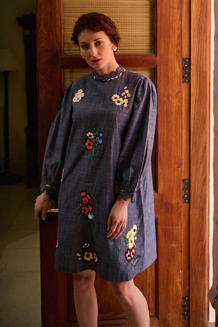 Nika 1.0 Blue Cotton Embroidery Round Neck Florence Multi Dress 