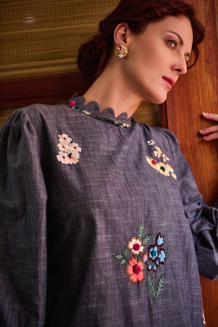 Nika 1.0_Blue Cotton Embroidery Round Neck Florence Multi Dress _Online_at_Aza_Fashions