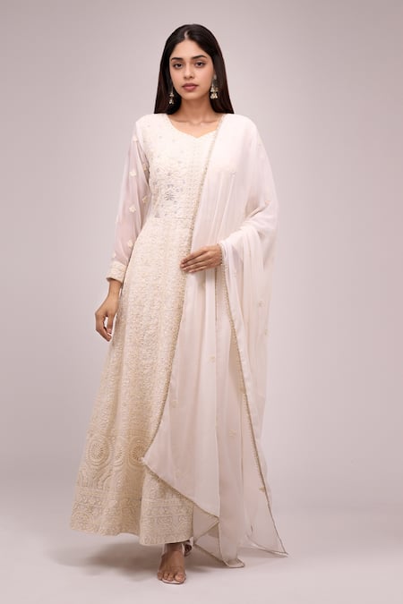 Samyukta Singhania Off White Georgette Embroidery, Sequins Round Neck Anarkali Set