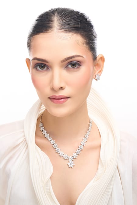 Shop Nazaakat By Samara Singh White American Diamond Necklace And Earring Set Shop_Nazaakat By Samara Singh_White American Diamond Necklace And Earring Set