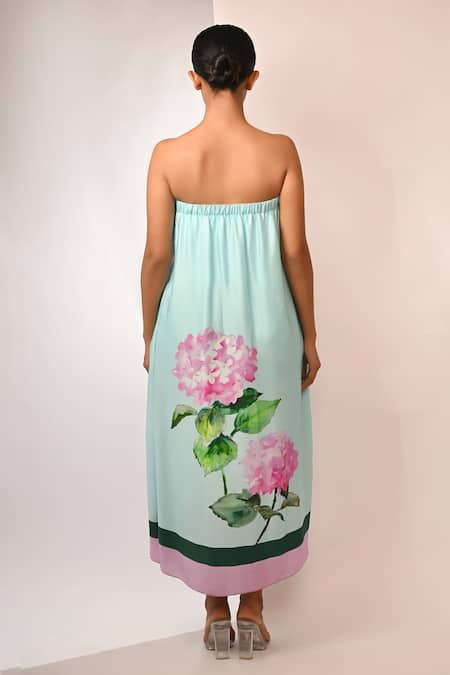 Shop Rimi Nayak Blue Bemberg, Satin Embroidery Off-shoulder Hydrangea Dress at Aza Fashions Shop_Rimi Nayak_Blue Bemberg, Satin Embroidery Off-shoulder Hydrangea Dress _at_Aza_Fashions