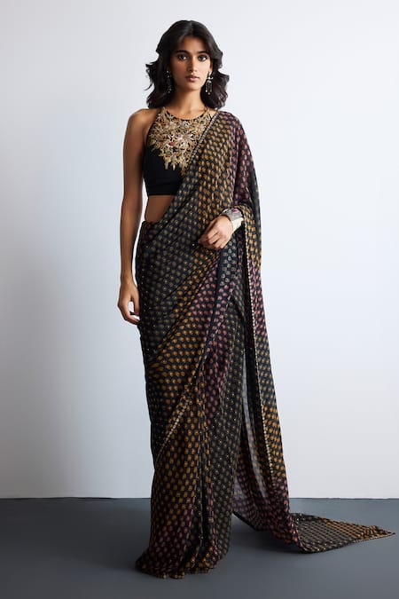 RI.Ritu Kumar Black Multi Print Designer Saree Set 