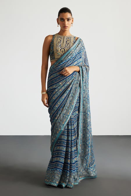 RI.Ritu Kumar Blue Beige Brocade Jamawar Saree Set 