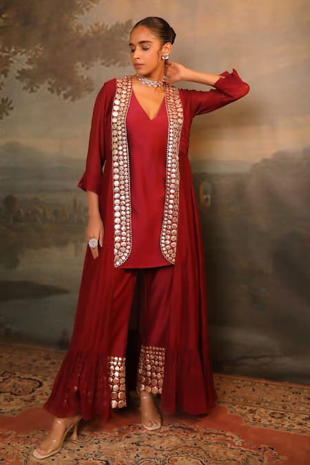 Jigya Japra Cherry Red Chanderi Palazzo Shrug Set 