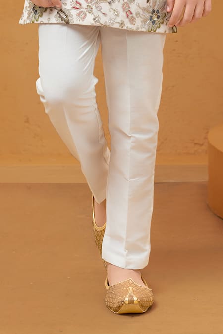 Petite Pomme White Silk, Cotton Embroidery, Zari Floral Banarasi Sherwani And Pant Set Online at Aza Fashions Petite Pomme_White Silk, Cotton Embroidery, Zari Floral Banarasi Sherwani And Pant Set _Online_at_Aza_Fashions