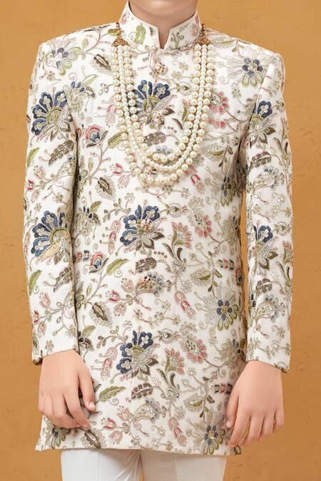 Buy Petite Pomme White Silk, Cotton Embroidery, Zari Floral Banarasi Sherwani And Pant Set Online at Aza Fashions Buy_Petite Pomme_White Silk, Cotton Embroidery, Zari Floral Banarasi Sherwani And Pant Set _Online_at_Aza_Fashions