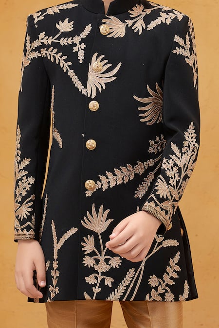 Buy_Petite Pomme_Black Velvet Embroidery Floral Sherwani And Gold Pant _Online_at_Aza_Fashions