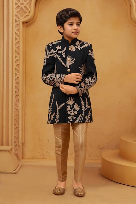 Petite Pomme Black Velvet Embroidery Floral Sherwani And Gold Pant 