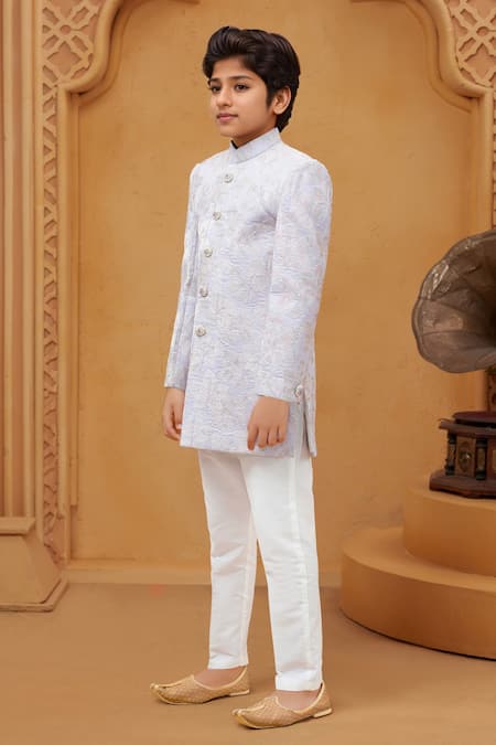 Shop Petite Pomme Pink Silk, Cotton Embroidery Light Sherwani And White Pant Set at Aza Fashions Shop_Petite Pomme_Pink Silk, Cotton Embroidery Light Sherwani And White Pant Set _at_Aza_Fashions