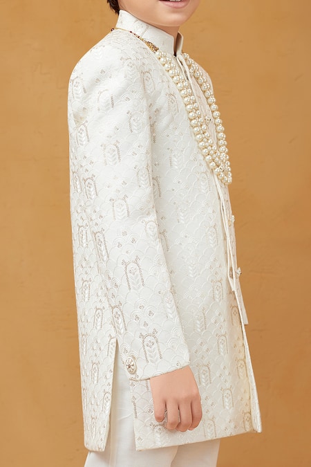 Buy Petite Pomme White Silk, Cotton Embroidery Malai Sherwani And Pant Set Online at Aza Fashions Buy_Petite Pomme_White Silk, Cotton Embroidery Malai Sherwani And Pant Set _Online_at_Aza_Fashions