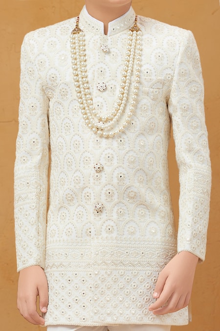 Buy Petite Pomme White Cotton, Silk Embroidery, Pearls Sherwani And Pant Set Online at Aza Fashions Buy_Petite Pomme_White Cotton, Silk Embroidery, Pearls Sherwani And Pant Set _Online_at_Aza_Fashions