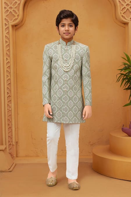 Arihant Rai Sinha Green Silk, Cotton Embroidery Pista Sherwani And White Pant Set 