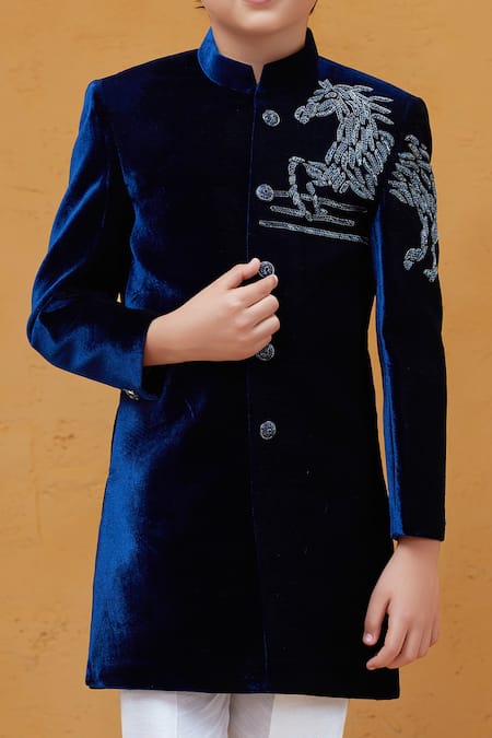 Petite Pomme Blue Velvet Sherwani with White Pant 