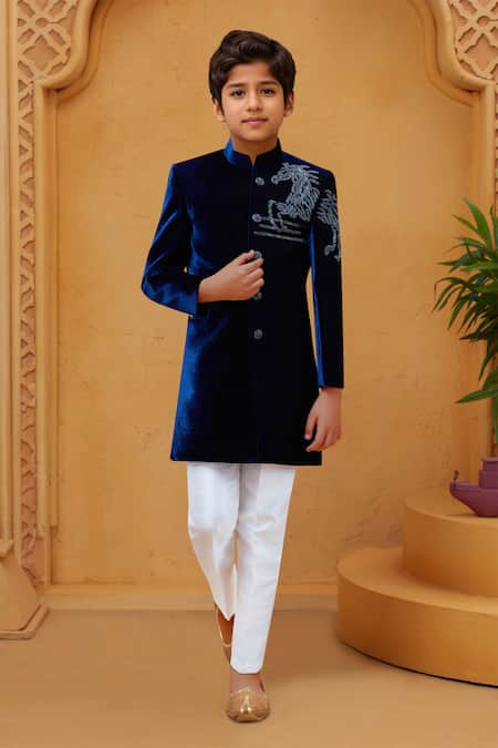 Arihant Rai Sinha Blue Velvet, Cotton, Silk Embroidery Sherwani With White Pant 