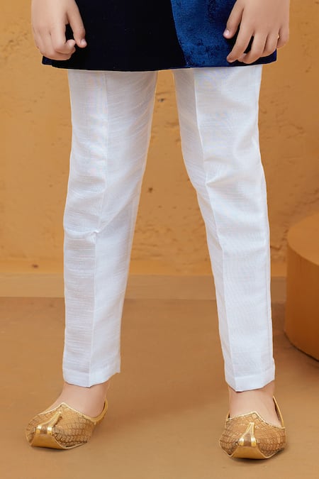 Petite Pomme_Blue Velvet, Cotton, Silk Embroidery Sherwani With White Pant _Online_at_Aza_Fashions