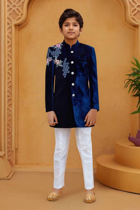 Petite Pomme Blue Velvet Sherwani with White Pant 