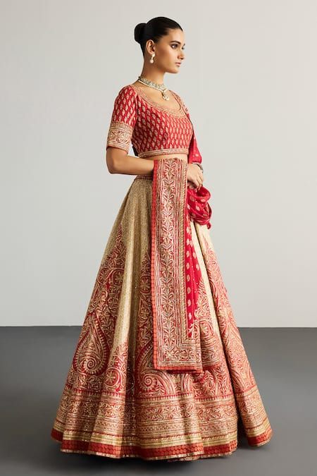 Buy_RI.Ritu Kumar_Off White Silk, Chinon Zari, Embroidery, Tassels Round Designer Red Lehenga Set 