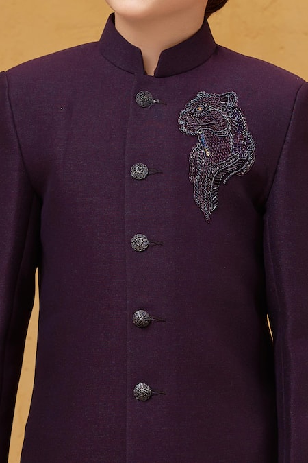 Buy Petite Pomme Wine Silk, Cotton Embroidery Sherwani With White Pant Set Online at Aza Fashions Buy_Petite Pomme_Wine Silk, Cotton Embroidery Sherwani With White Pant Set _Online_at_Aza_Fashions