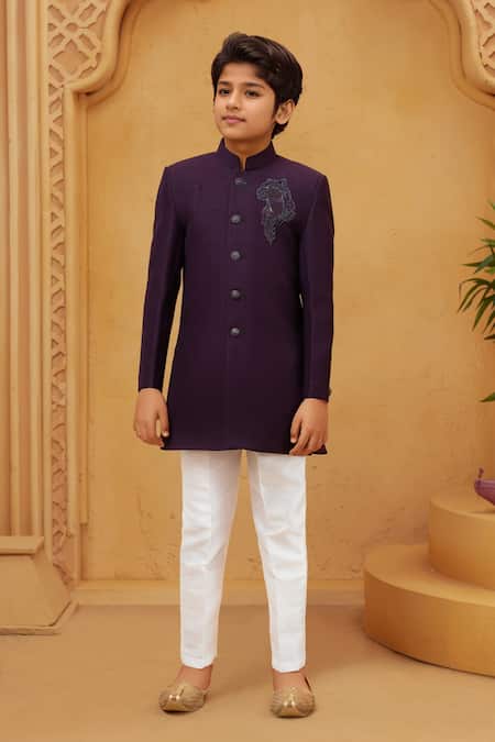 Petite Pomme Wine Sherwani with White Pant Set 