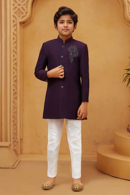 Petite Pomme Wine Sherwani with White Pant Set 