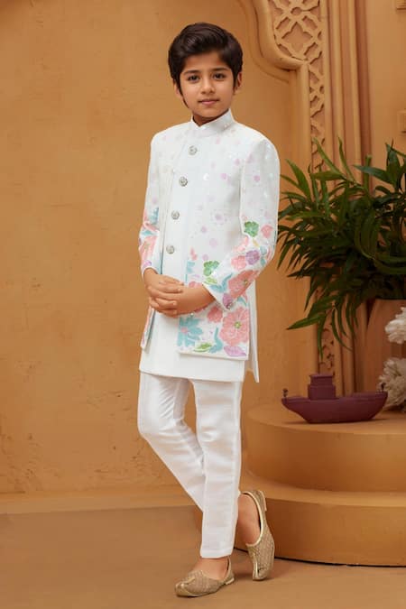 Petite Pomme White Floral Embroidered Sherwani & Pant Set 