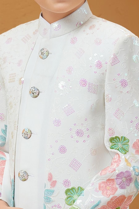 Buy_Petite Pomme_White Silk, Cotton Embroidery Floral Sherwani And Pant Set _Online_at_Aza_Fashions