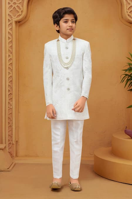 Buy Petite Pomme White Silk, Cotton Embroidery Banarasi Sherwani And Pant Set at Aza Fashions Buy_Petite Pomme_White Silk, Cotton Embroidery Banarasi Sherwani And Pant Set _at_Aza_Fashions