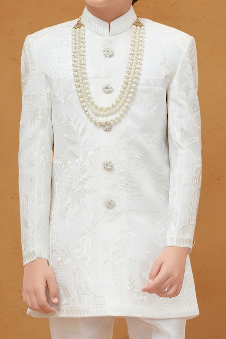 Buy Petite Pomme White Silk, Cotton Embroidery Banarasi Sherwani And Pant Set Online at Aza Fashions Buy_Petite Pomme_White Silk, Cotton Embroidery Banarasi Sherwani And Pant Set _Online_at_Aza_Fashions