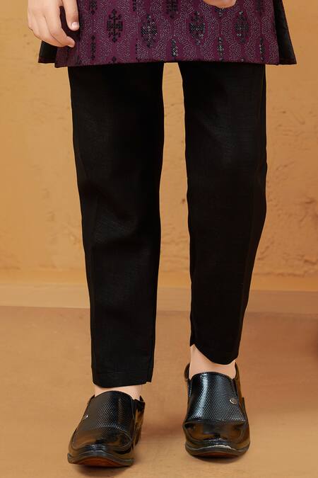 Petite Pomme_Wine Silk, Cotton Embroidery Malai Sherwani With White Pant _Online_at_Aza_Fashions