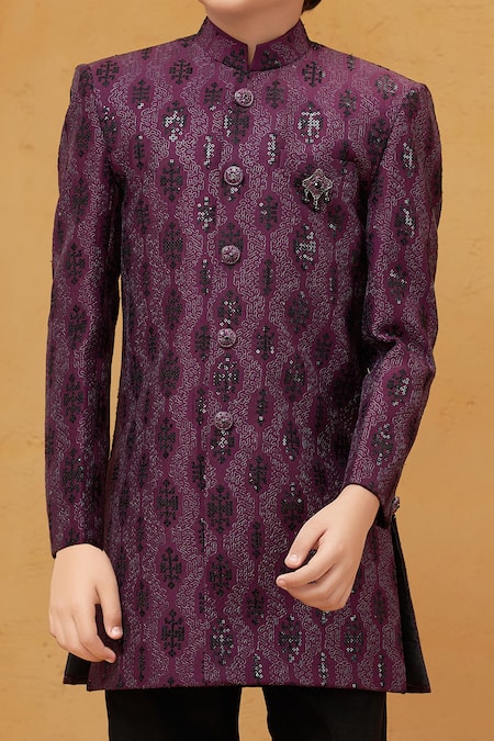 Buy_Petite Pomme_Wine Silk, Cotton Embroidery Malai Sherwani With White Pant _Online_at_Aza_Fashions