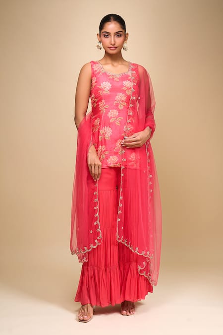 Shop_Samyukta Singhania_Pink Cotton, Silk, Georgette, Net Embroidery Round Neck Floral Kurta Sharara Set _Online_at_Aza_Fashions