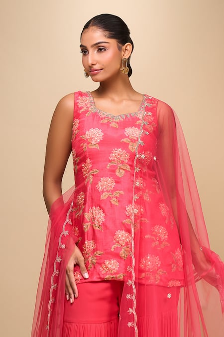 Samyukta Singhania_Pink Cotton, Silk, Georgette, Net Embroidery Round Neck Floral Kurta Sharara Set _at_Aza_Fashions