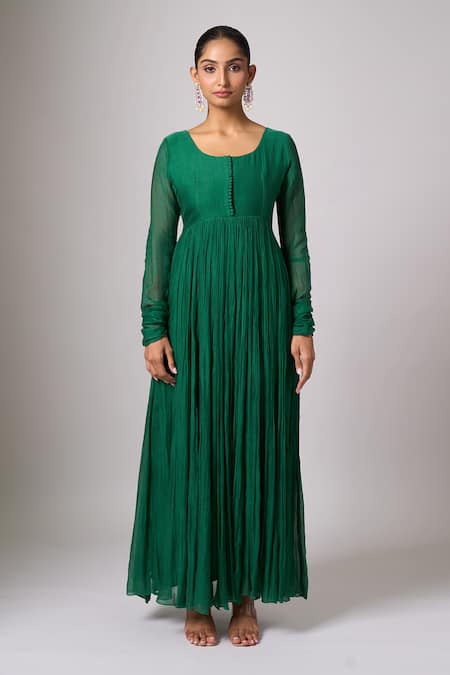 Buy_Samyukta Singhania_Green Chanderi Embroidery Round Neck Dark Anarkali With Dupatta _Online_at_Aza_Fashions