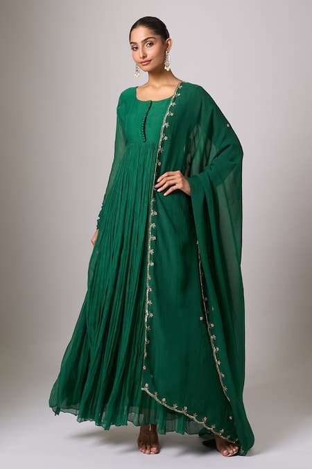 Shop_Samyukta Singhania_Green Chanderi Embroidery Round Neck Dark Anarkali With Dupatta _Online_at_Aza_Fashions
