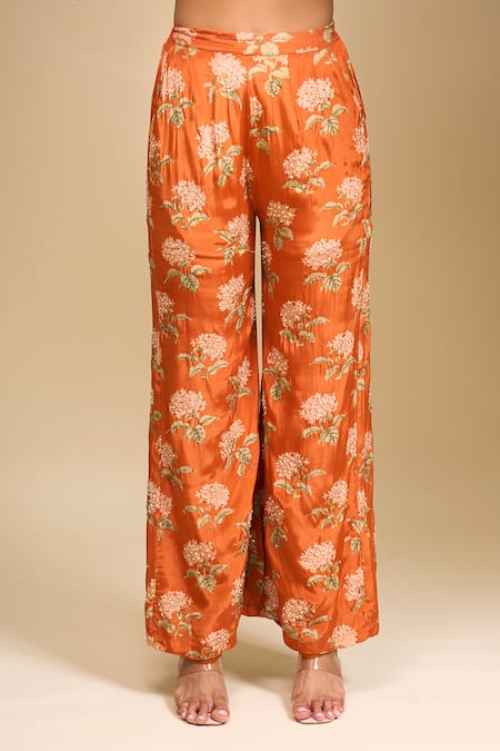Samyukta Singhania_Orange Crepe V-neck Floral Print Jacket And Pant Set _Online_at_Aza_Fashions