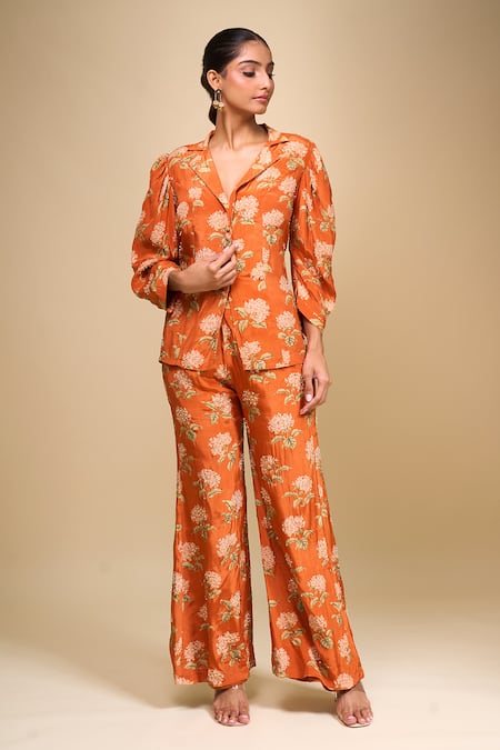 Buy_Samyukta Singhania_Orange Crepe V-neck Floral Print Jacket And Pant Set _Online_at_Aza_Fashions