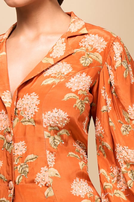 Samyukta Singhania_Orange Crepe V-neck Floral Print Jacket And Pant Set _at_Aza_Fashions