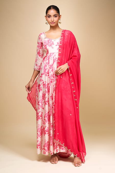 Samyukta Singhania_White Cotton Square Neck Floral Print Anarkali Set With Dupatta _Online_at_Aza_Fashions