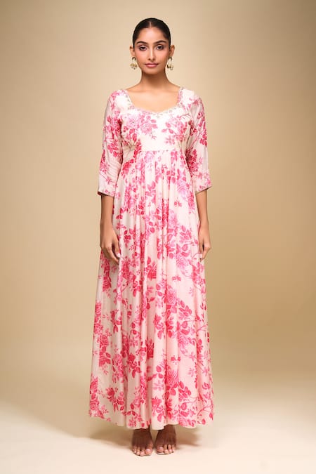 Buy_Samyukta Singhania_White Cotton Square Neck Floral Print Anarkali Set With Dupatta _Online_at_Aza_Fashions