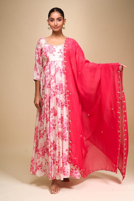 Shop_Samyukta Singhania_White Cotton Square Neck Floral Print Anarkali Set With Dupatta _Online_at_Aza_Fashions